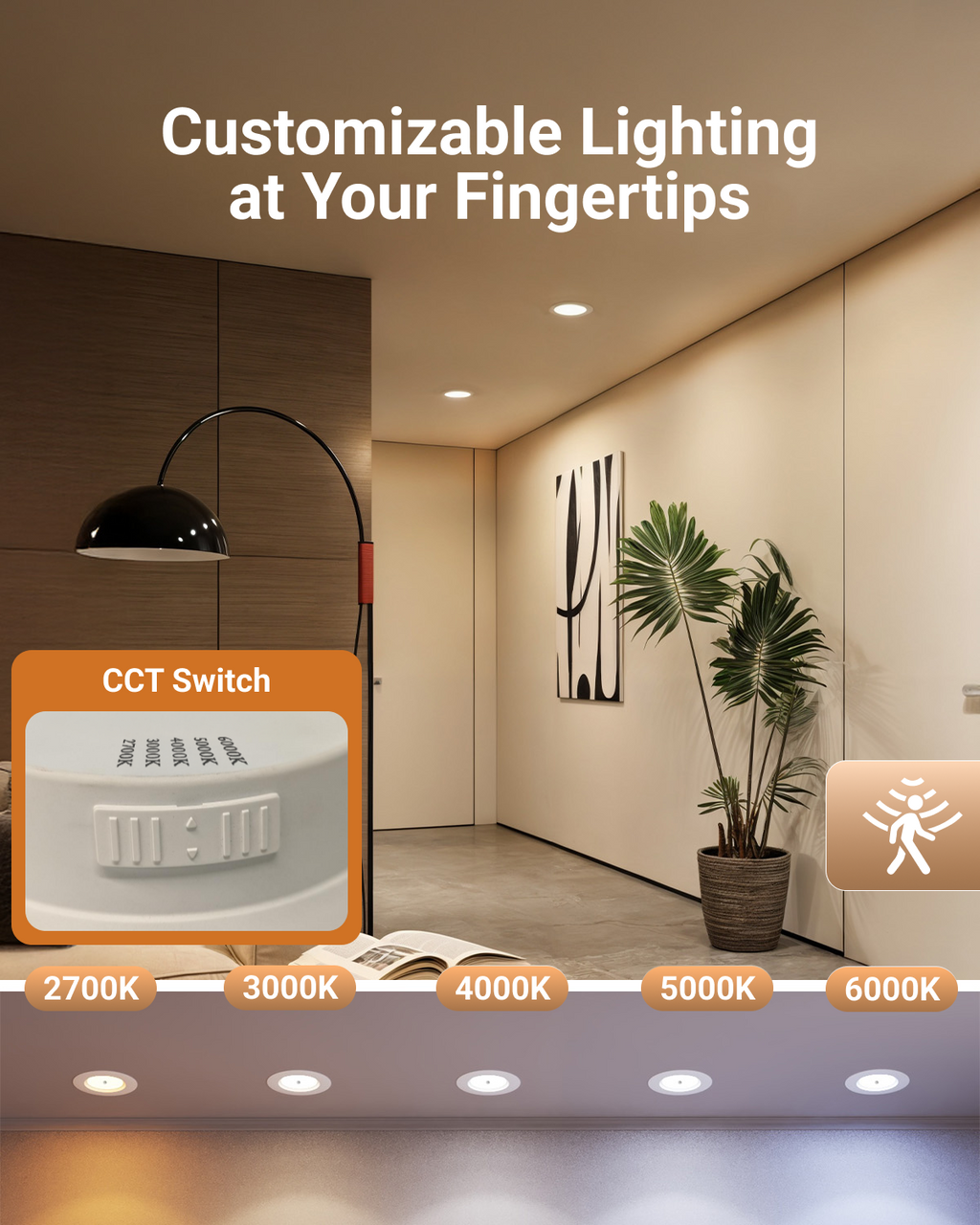 Warm hallway with motion sensor downlights; CCT switch callout and selectable 2700K, 3000K, 4000K, 5000K, 6000K settings.