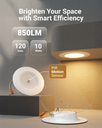 Motion sensor retrofit light on display; 850LM, 120V, 10W, and PIR motion sensor callout.