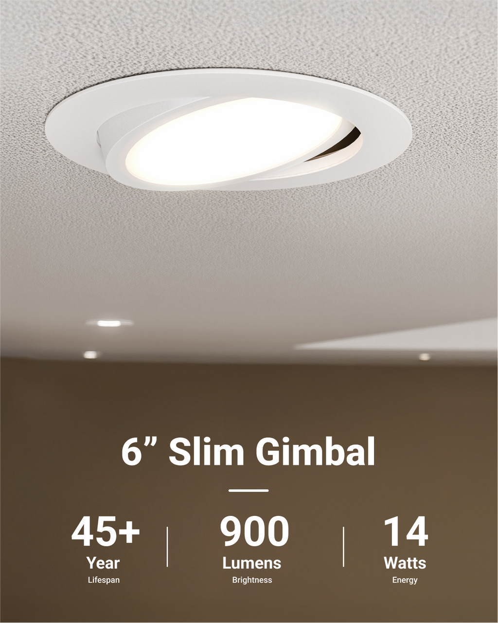 Recessed LED Lighting, 6 Inch, Slim Gimbal, Selectable CCT, 900 Lumens