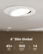 Recessed LED Lighting, 6 Inch, Slim Gimbal, Selectable CCT, 900 Lumens