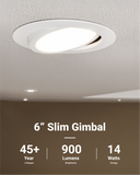 Recessed LED Lighting, 6 Inch, Slim Gimbal, Selectable CCT, 900 Lumens
