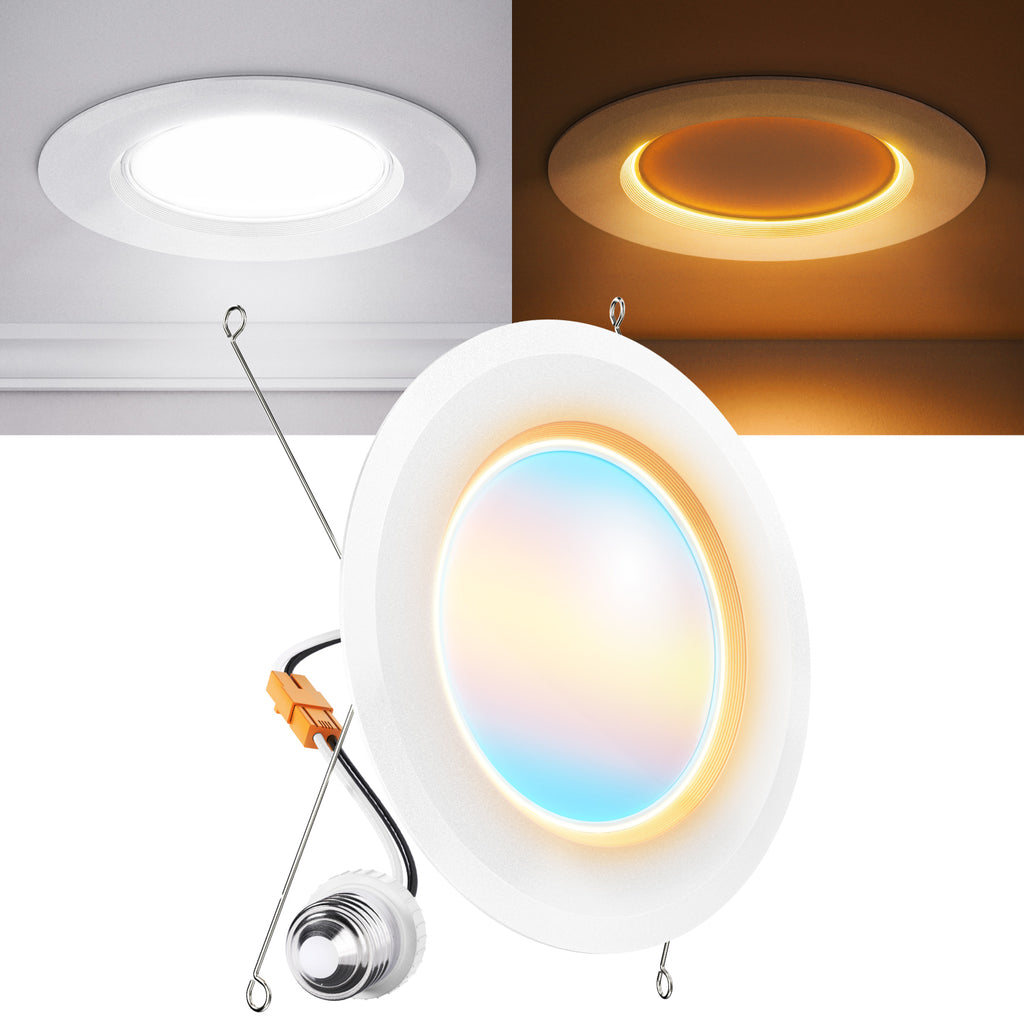 6 inch retrofit nightlight with E26 adapter, spring clips, white downlight, and warm amber nightlight ring.