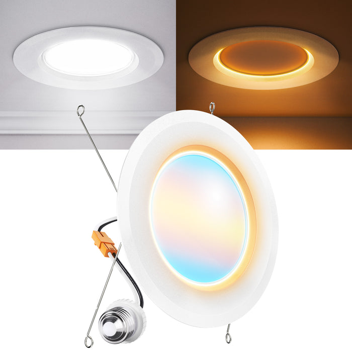 6 inch retrofit nightlight with E26 adapter, spring clips, white downlight, and warm amber nightlight ring.