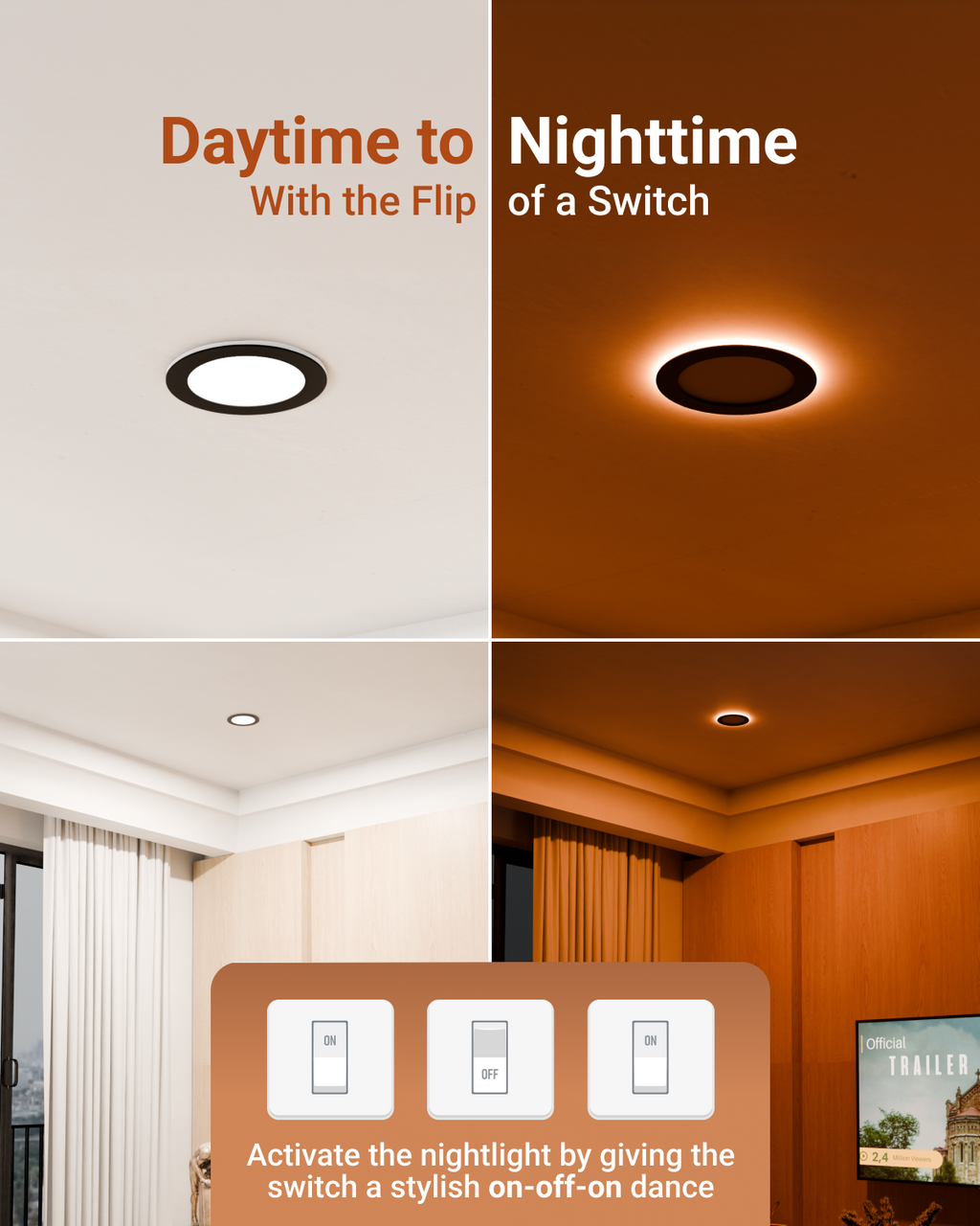 Recessed LED Lighting, 6 Inch, Slim, Wafer Thin, Night Light, Black Trim, Selectable CCT, 1500 Lumens