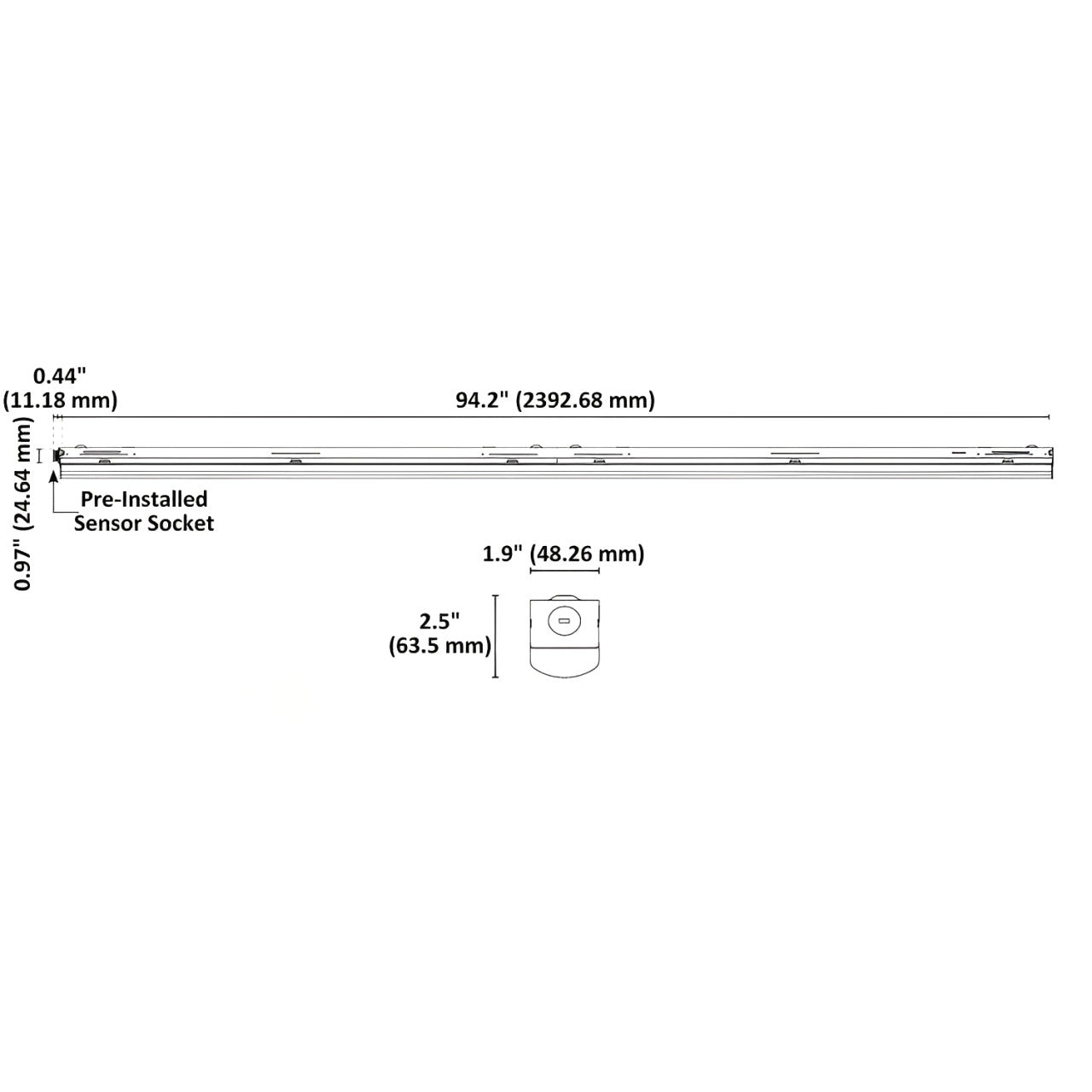8ft LED Strip Light Fixture, 54W/46W/38W, Selectable Wattage & CCT, 7100 Lumens