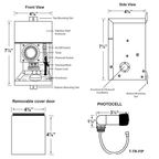 Technical dimension diagram of a solar light enclosure showing front, side, and removable cover door views with measurements and labeled parts.