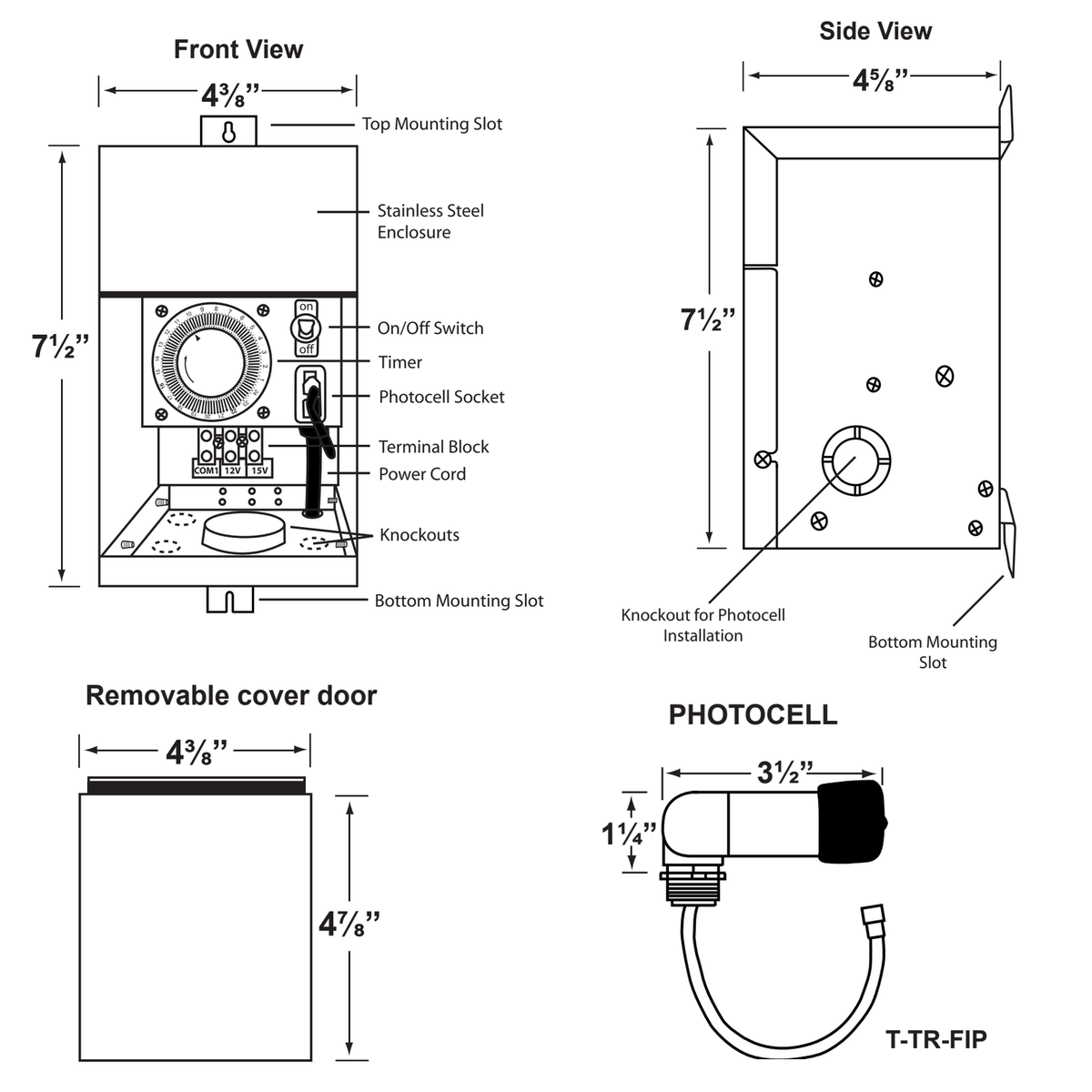 Technical dimension diagram of a solar light enclosure showing front, side, and removable cover door views with measurements and labeled parts.