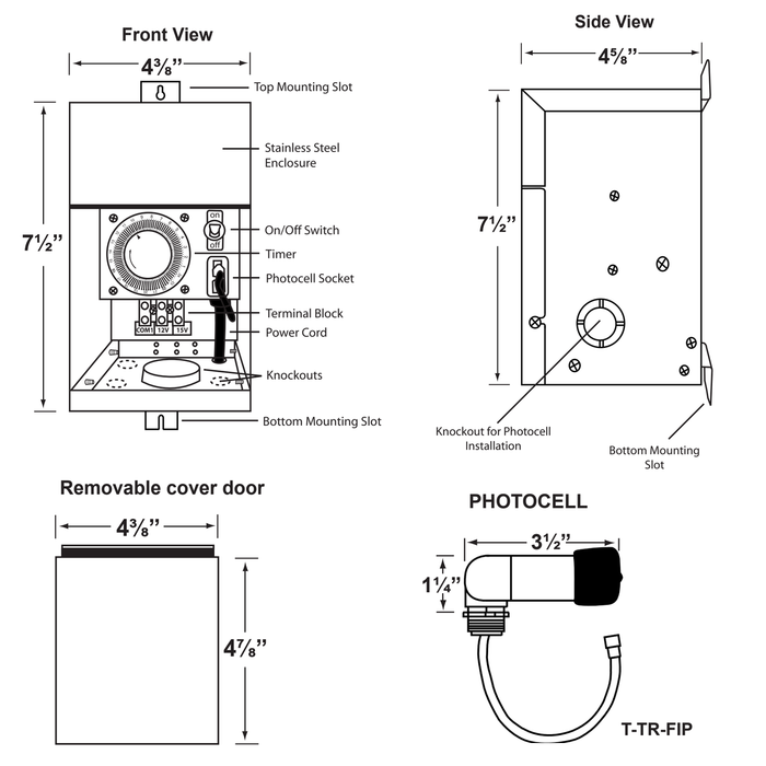 Technical dimension diagram of a solar light enclosure showing front, side, and removable cover door views with measurements and labeled parts.