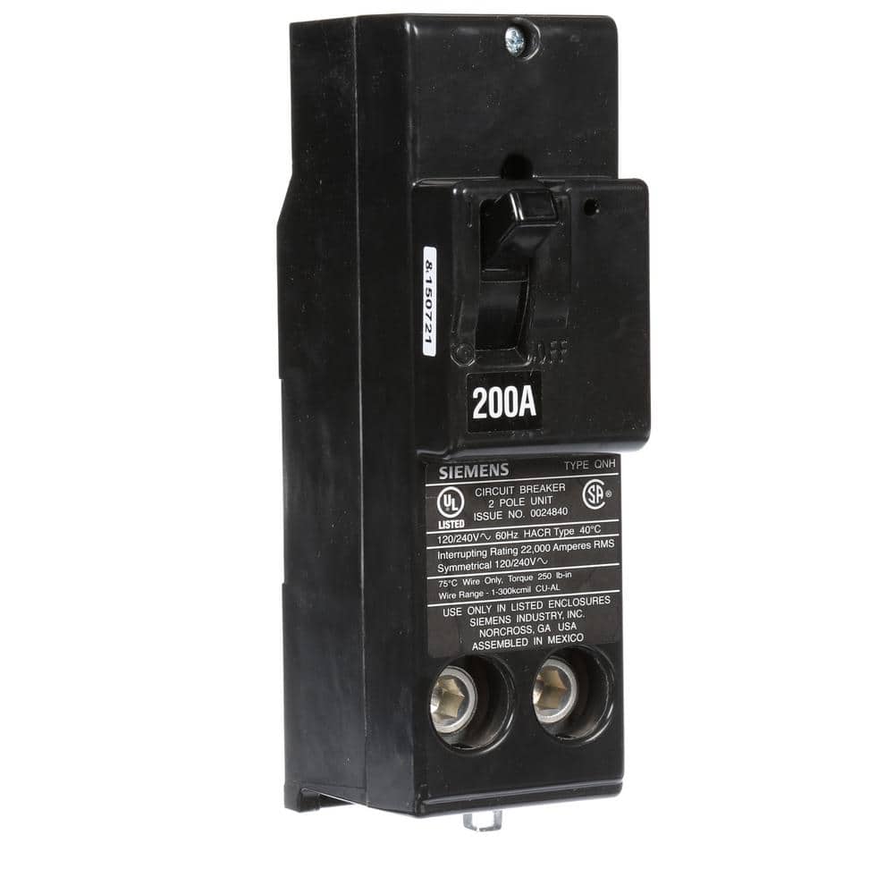 Siemens 200 Amp 2-Pole 10kA Type QN Reverse Handle Main Breaker, model QN2200R, product label detail, image 6