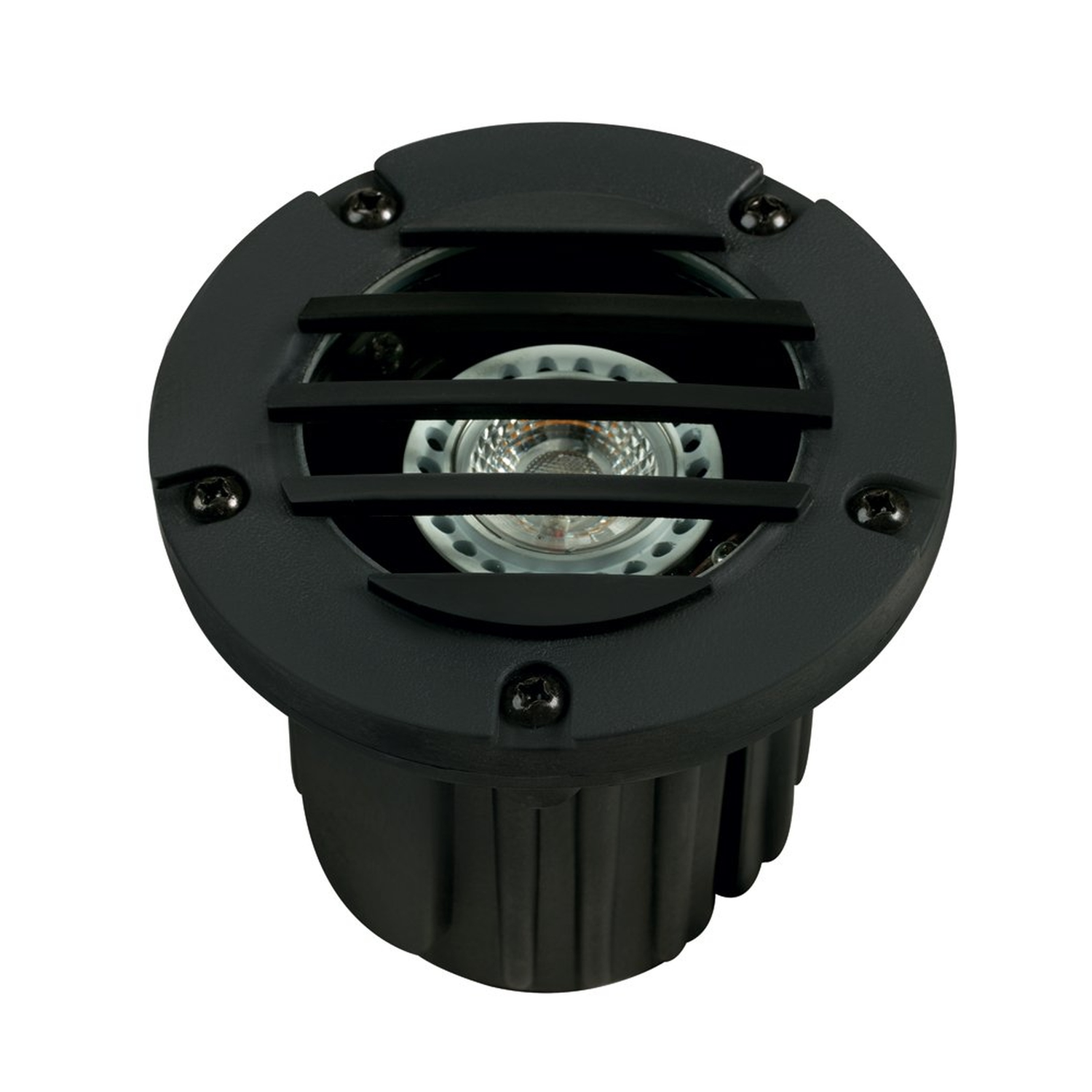 Black louvered adjustable round well light