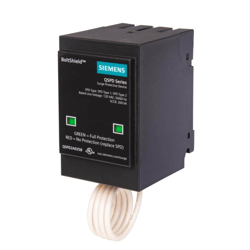 Siemens Boltshield 35kA, 2-Pole, Single Phase, Type-1 Plug-In Surge Protective Device, model QSPD2A035B, product label detail, image 1