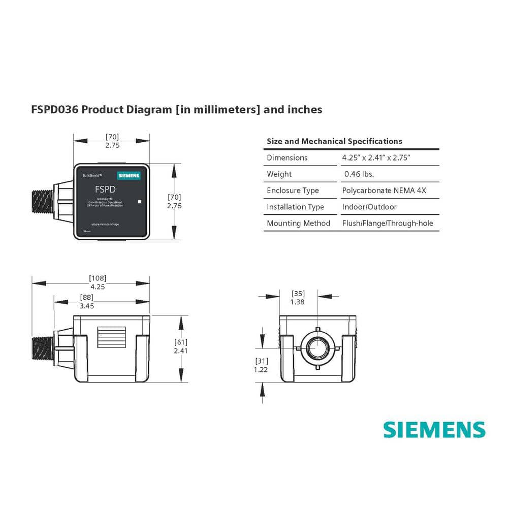 Siemens Boltshield 36kA Single-Phase Type 1 Surge Protective Device, model FSPD036, dimensional drawing