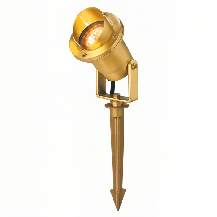 Natural brass hooded directional landscape light, full fixture view