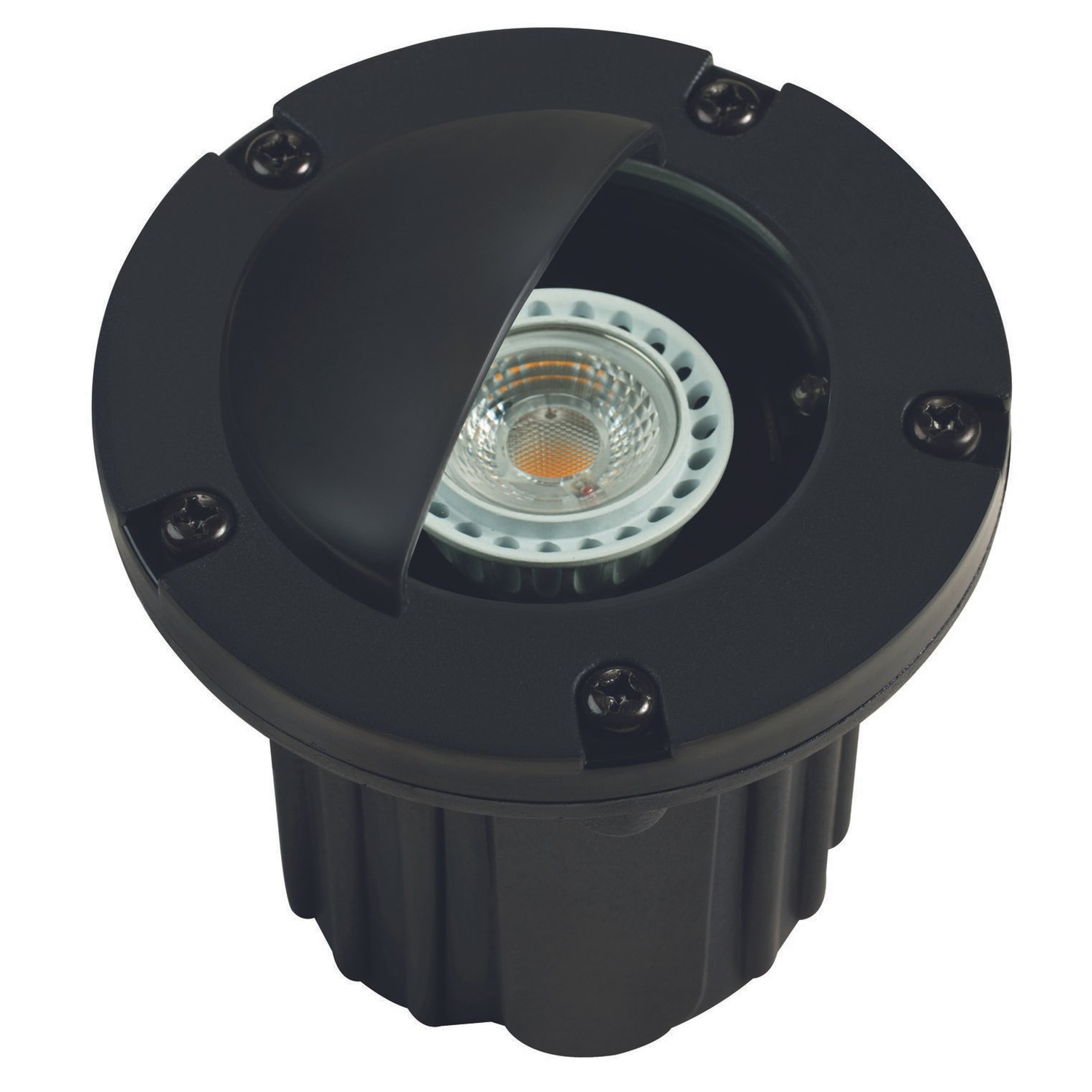 Black half-moon hooded adjustable round well light