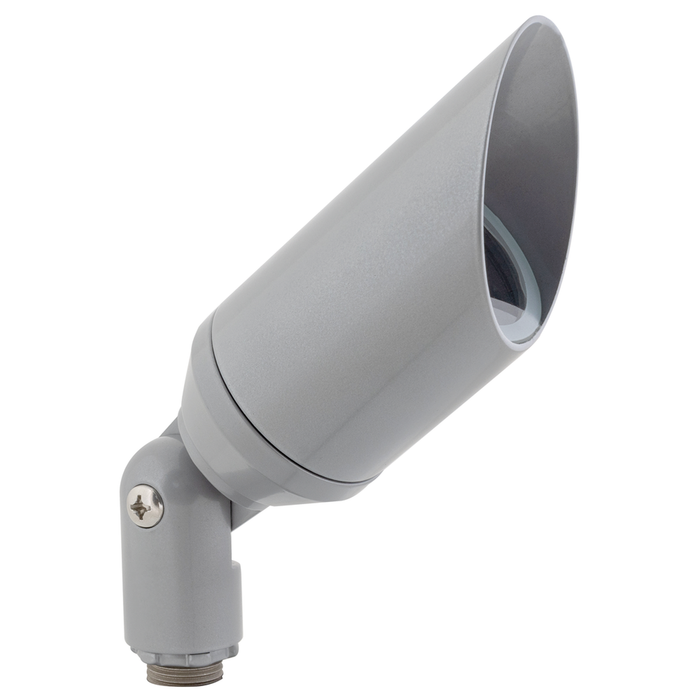 Silver-finish hooded directional bullet landscape light, alternate angled view