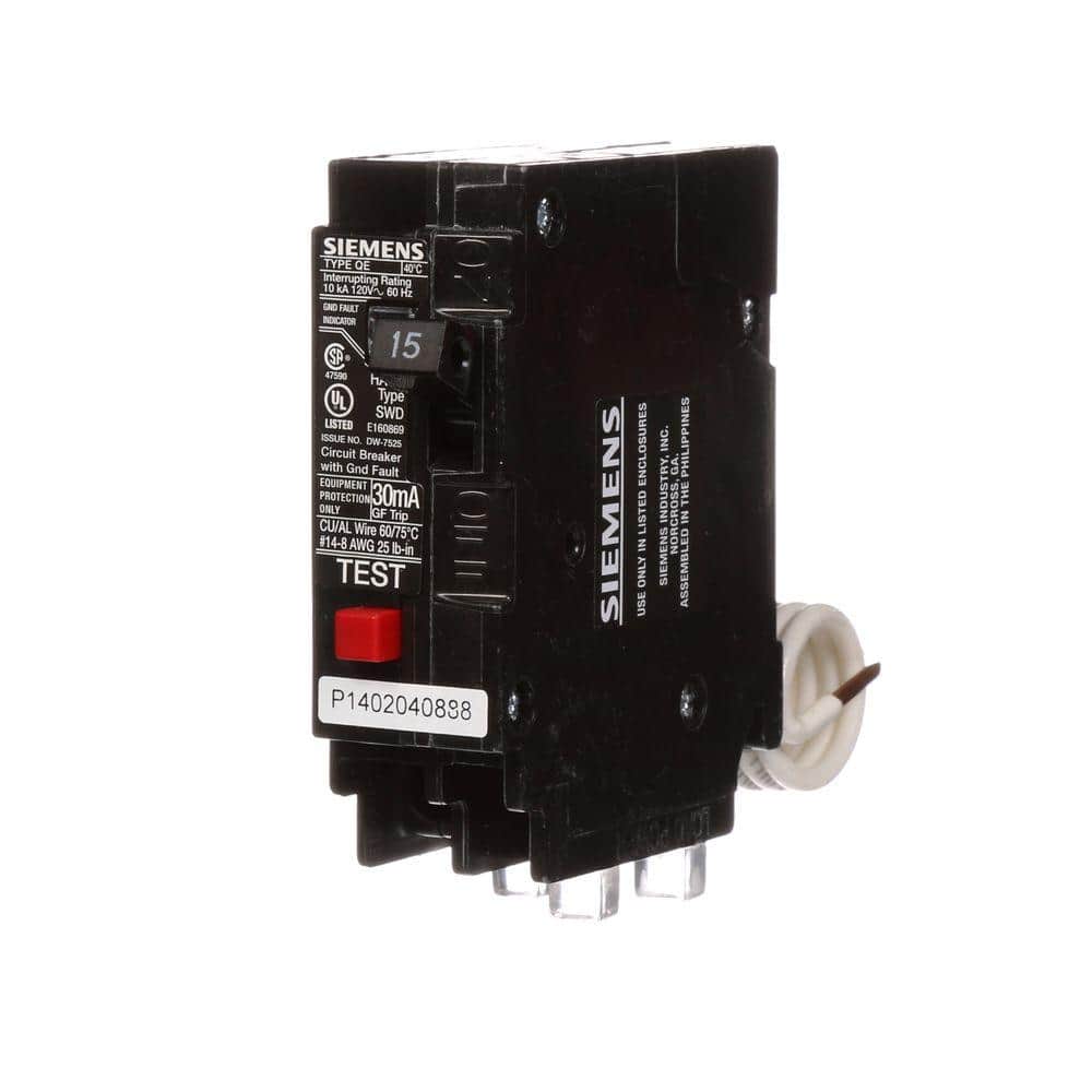 Siemens Type QE Single-Pole Ground Fault Equipment Protection Circuit Breaker, model QE115, product label detail