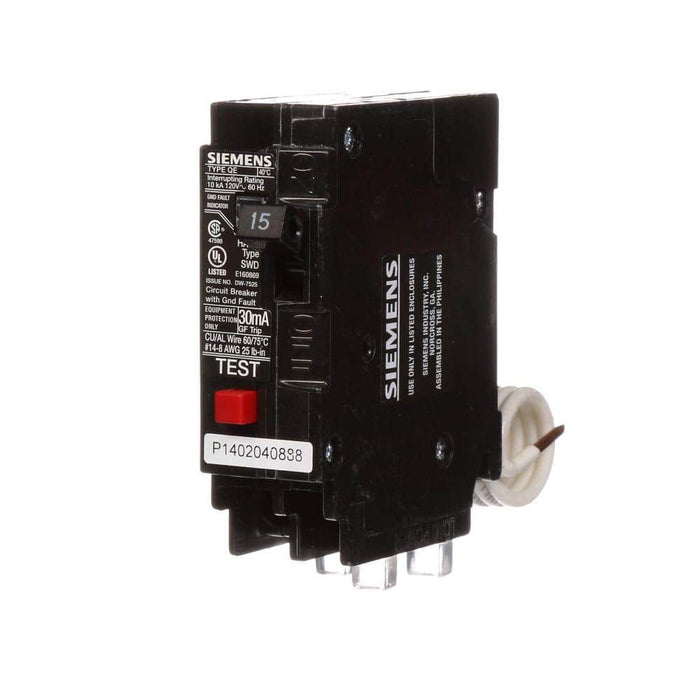 Siemens Type QE Single-Pole Ground Fault Equipment Protection Circuit Breaker, model QE115, product label detail