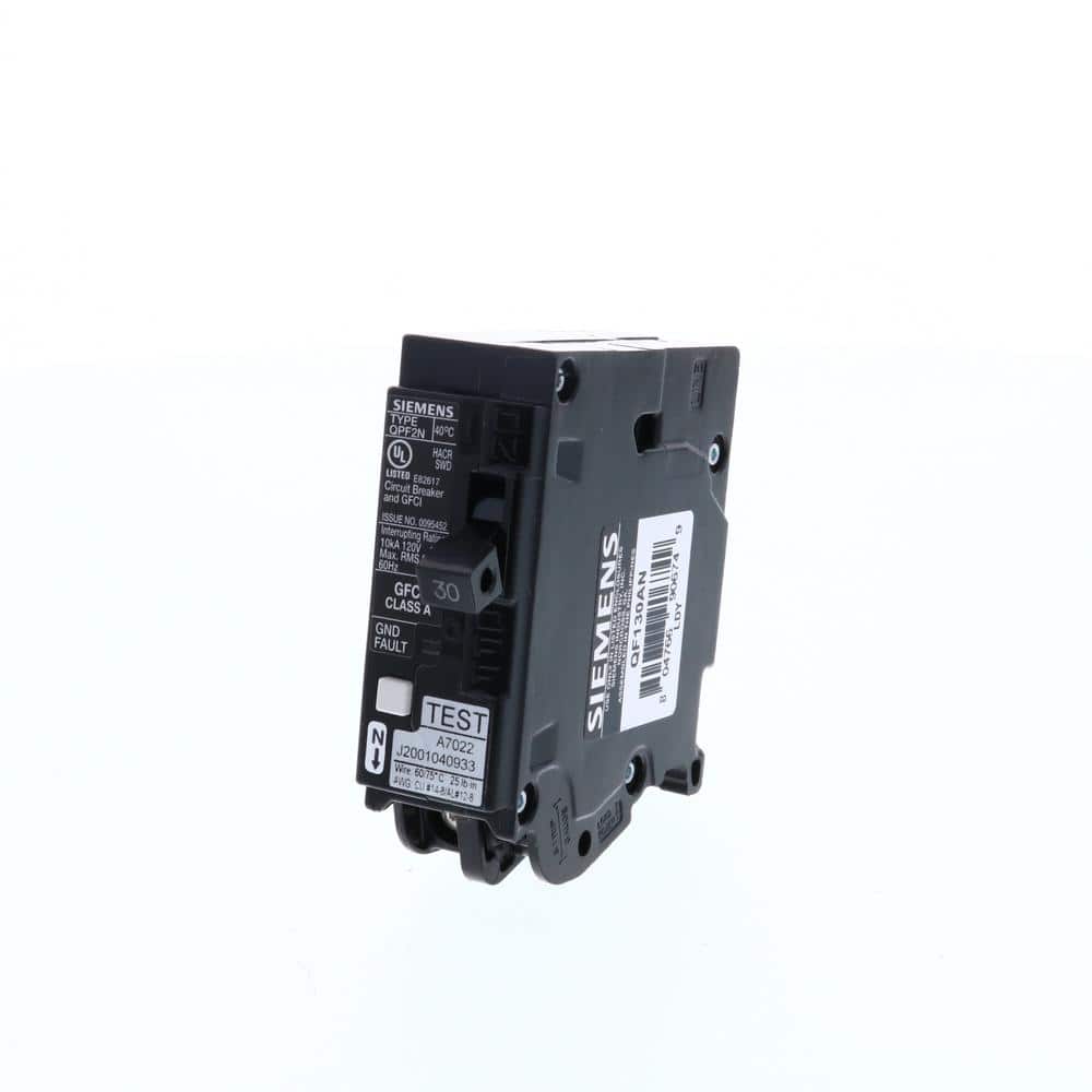 Siemens QPF2 1-Pole GFCI Plug-On Neutral Circuit Breaker, model QF130AN, product label detail