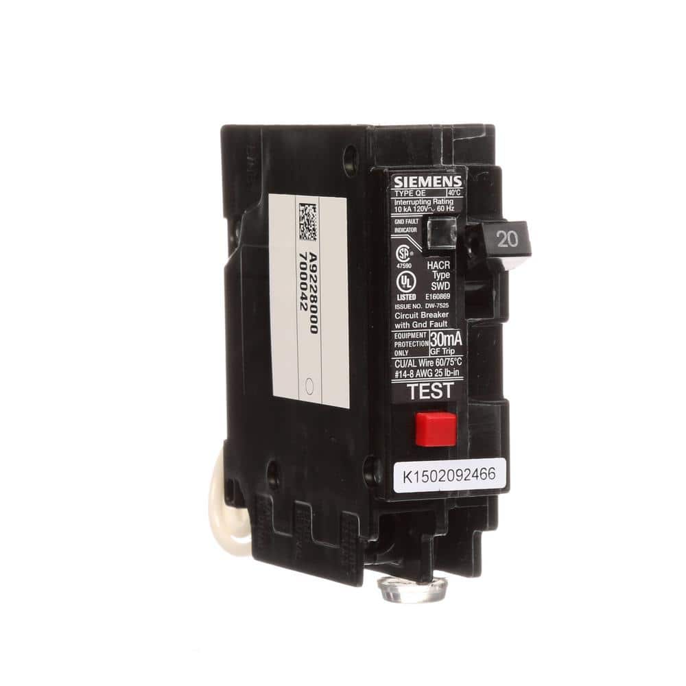 Siemens Type QE Single-Pole Ground Fault Equipment Protection Circuit Breaker, model QE120, product label detail, image 12