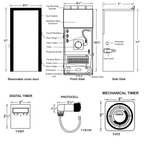 Black and white technical schematic diagram of a door alarm receiver, showing front, side, and removable cover door views with labeled parts, plus separate views for digital and mechanical timers and a photocell.