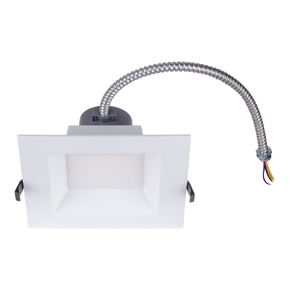 White square commercial recessed downlight with attached flexible conduit