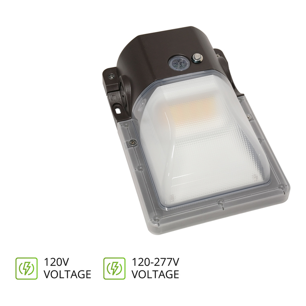 Bronze LED security wall pack lit, with 120V and 120-277V voltage icons