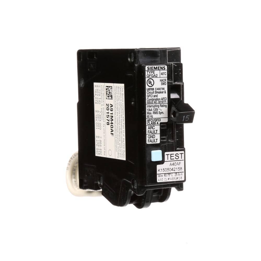 Siemens 1-Pole Dual Function AFCI/GFCI Circuit Breaker, model Q120DFP, product label detail, image 9
