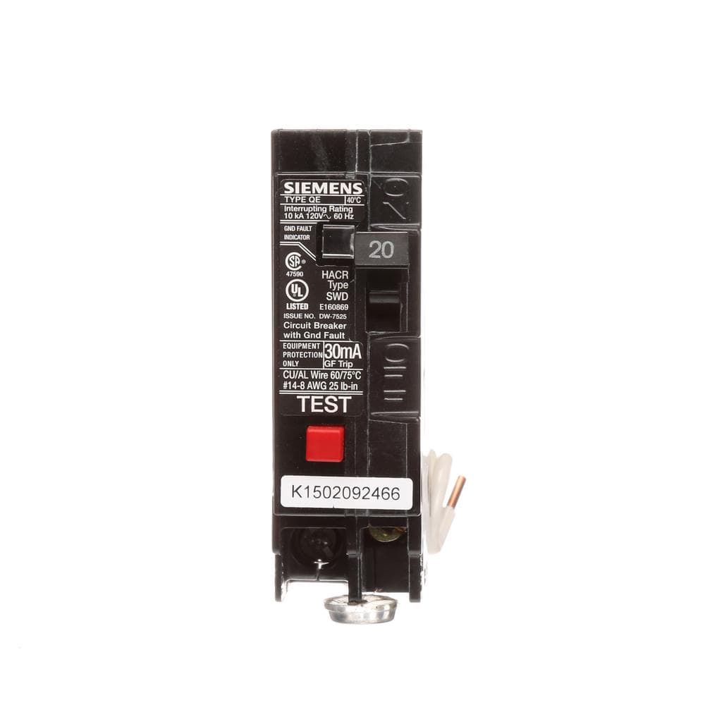 Siemens Type QE Single-Pole Ground Fault Equipment Protection Circuit Breaker, model QE120, product label detail, image 2