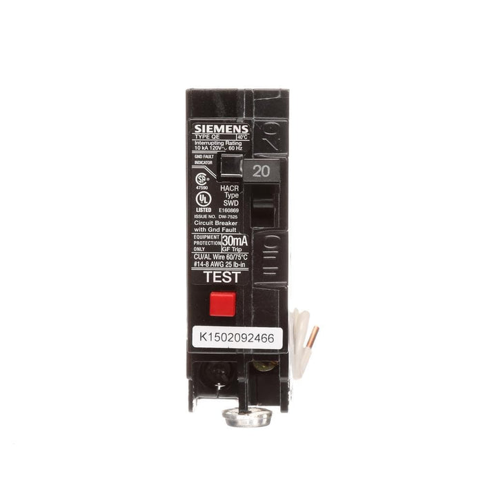 Siemens Type QE Single-Pole Ground Fault Equipment Protection Circuit Breaker, model QE120, product label detail, image 2