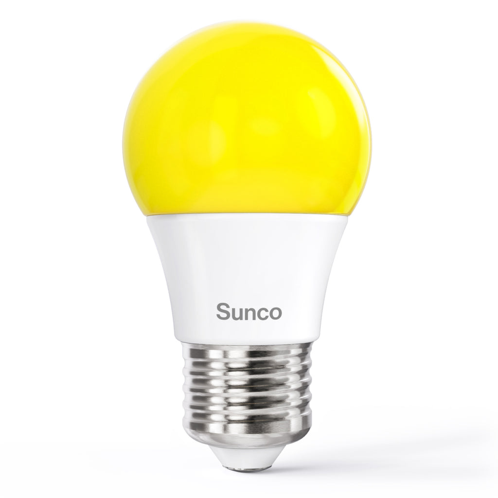 The Sunco A15 LED Yellow Bug Light is an 8W bulb with a yellow hue that naturally deters bugs with no pesticides needed. Bugs are more attracted to cool or blue tone lights. This warm, yellow bulb also functions as a cozy night light. The warmth of its sunset feeling helps reset your body’s natural, circadian rhythms. Features an E26 base to fit in most household fixtures. Damp Rated and great for porches and entryways where bugs might attempt to gather around lights.
