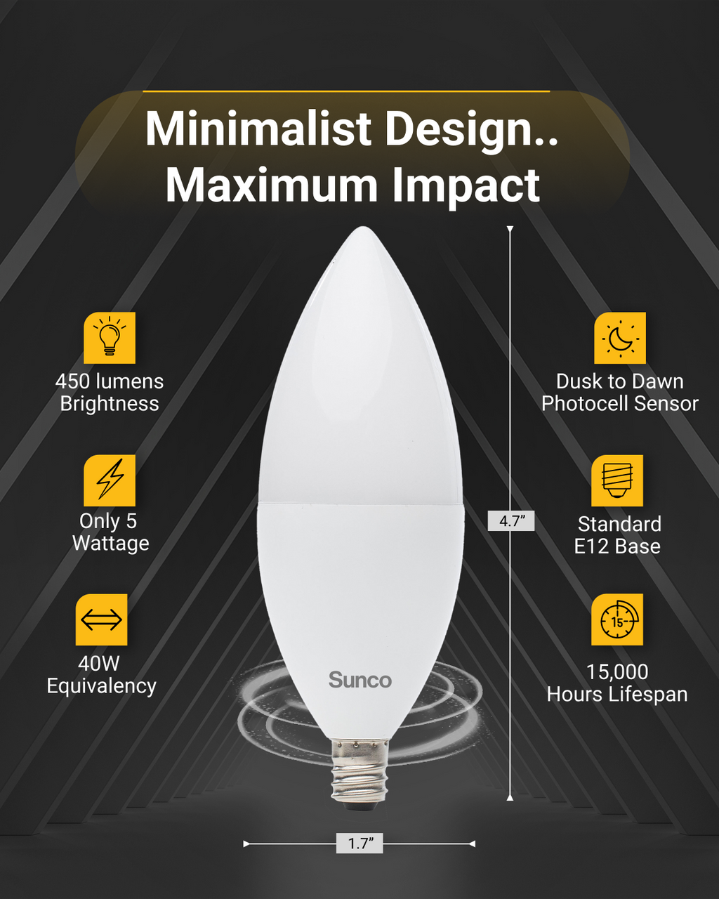 B11 LED Candelabra Bulb, Dusk to Dawn Photocell, 450 Lumens