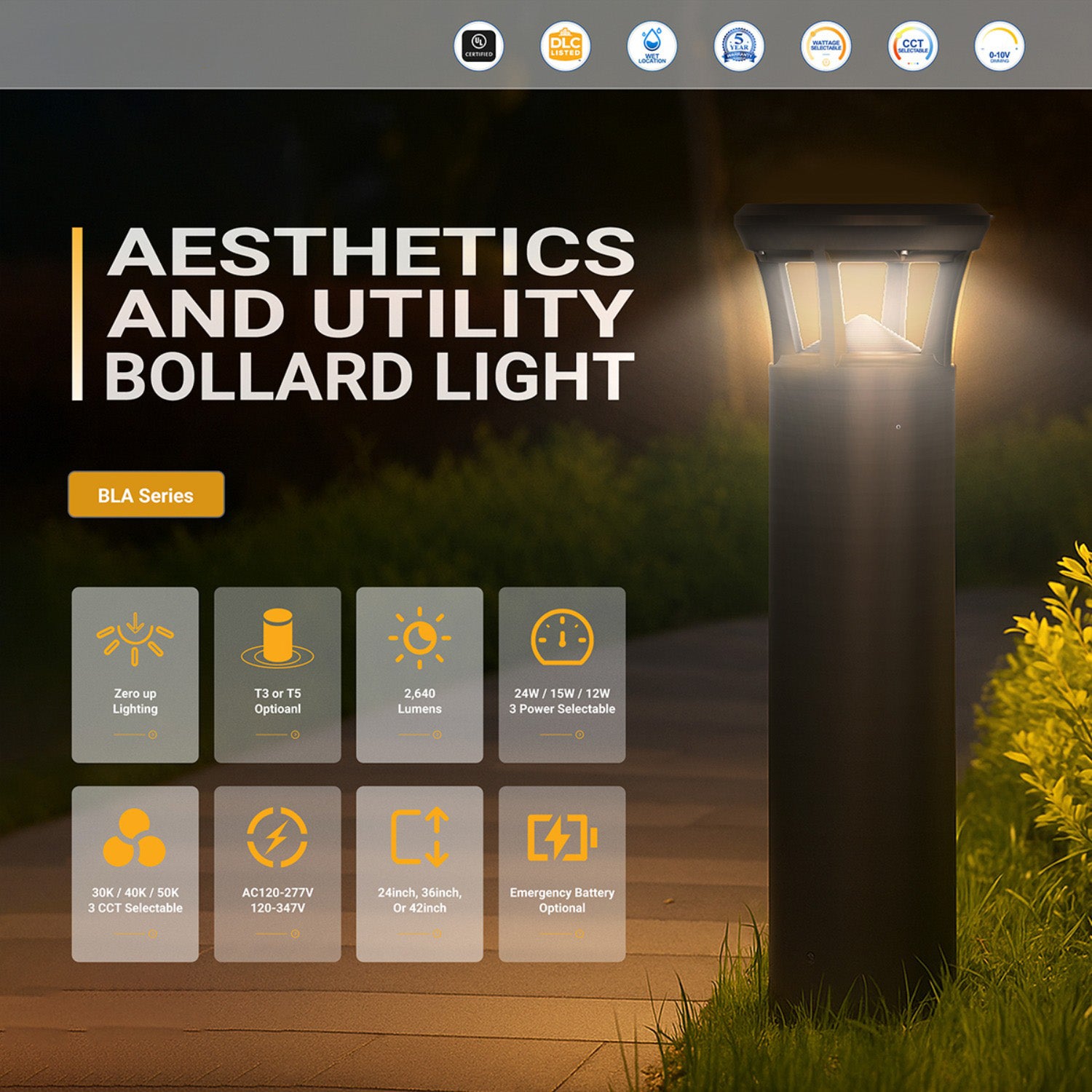 Dark Bronze LED Bollard Light, 24 Inch, Crowned Top, 24W/15W/12W, Selectable Wattage & CCT, 3000 Lumens