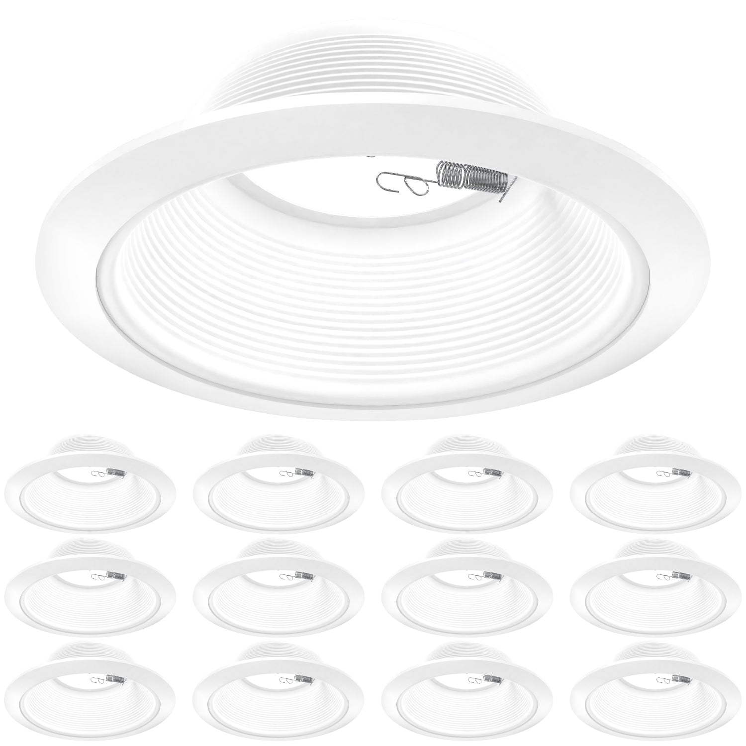 Large white recessed baffle trim with multiple smaller trims below on a white background