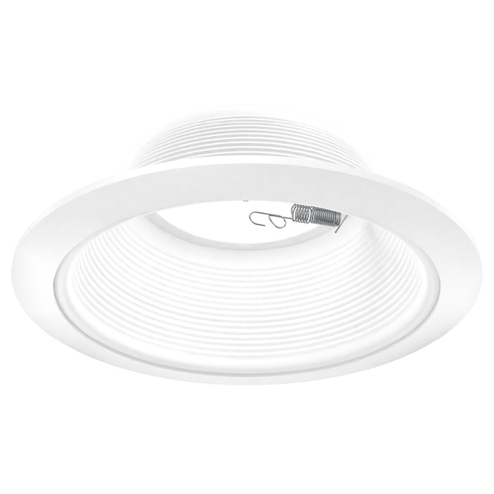 White recessed baffle trim with ribbed interior and two metal spring clips on a white background