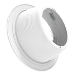 Angled side view of a white recessed baffle trim showing the deep ribbed baffle and spring clip hardware
