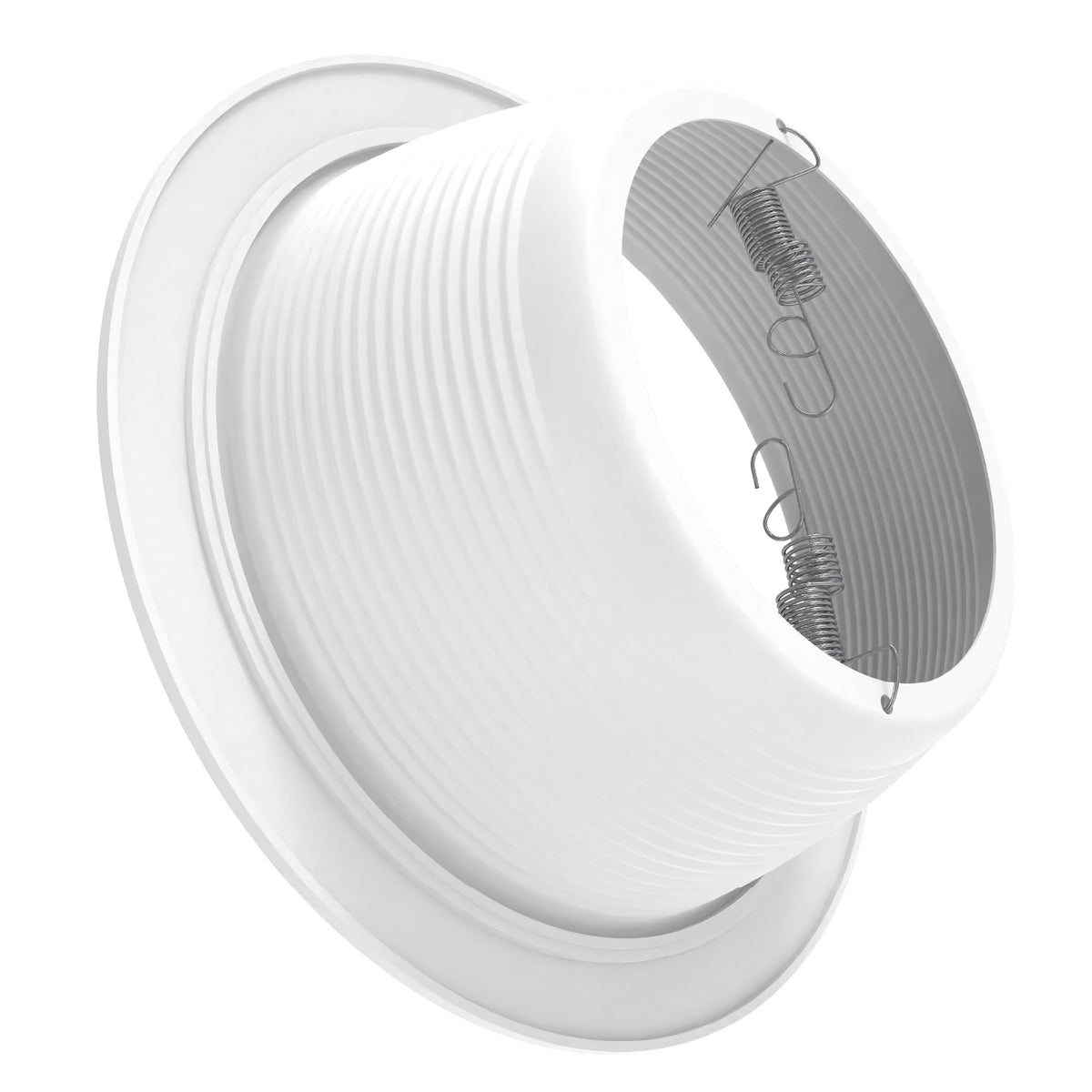Angled side view of a white recessed baffle trim showing the deep ribbed baffle and spring clip hardware