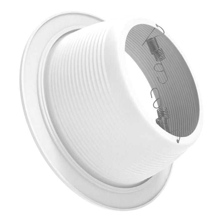Angled side view of a white recessed baffle trim showing the deep ribbed baffle and spring clip hardware