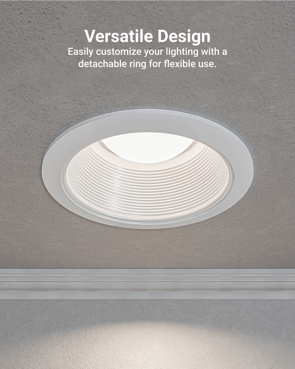 Ceiling view of an installed white recessed baffle trim with on-image text about a detachable ring for flexible use
