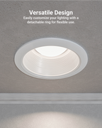 Ceiling view of an installed white recessed baffle trim with on-image text about a detachable ring for flexible use