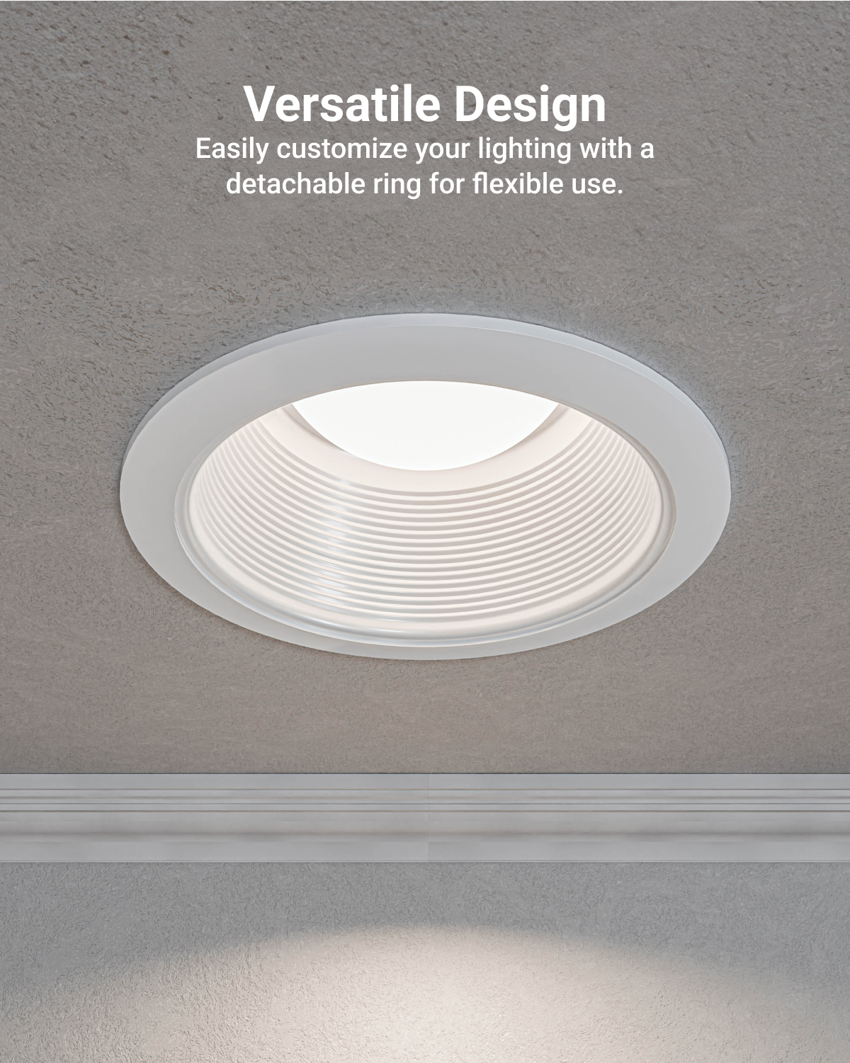 Ceiling view of an installed white recessed baffle trim with on-image text about a detachable ring for flexible use