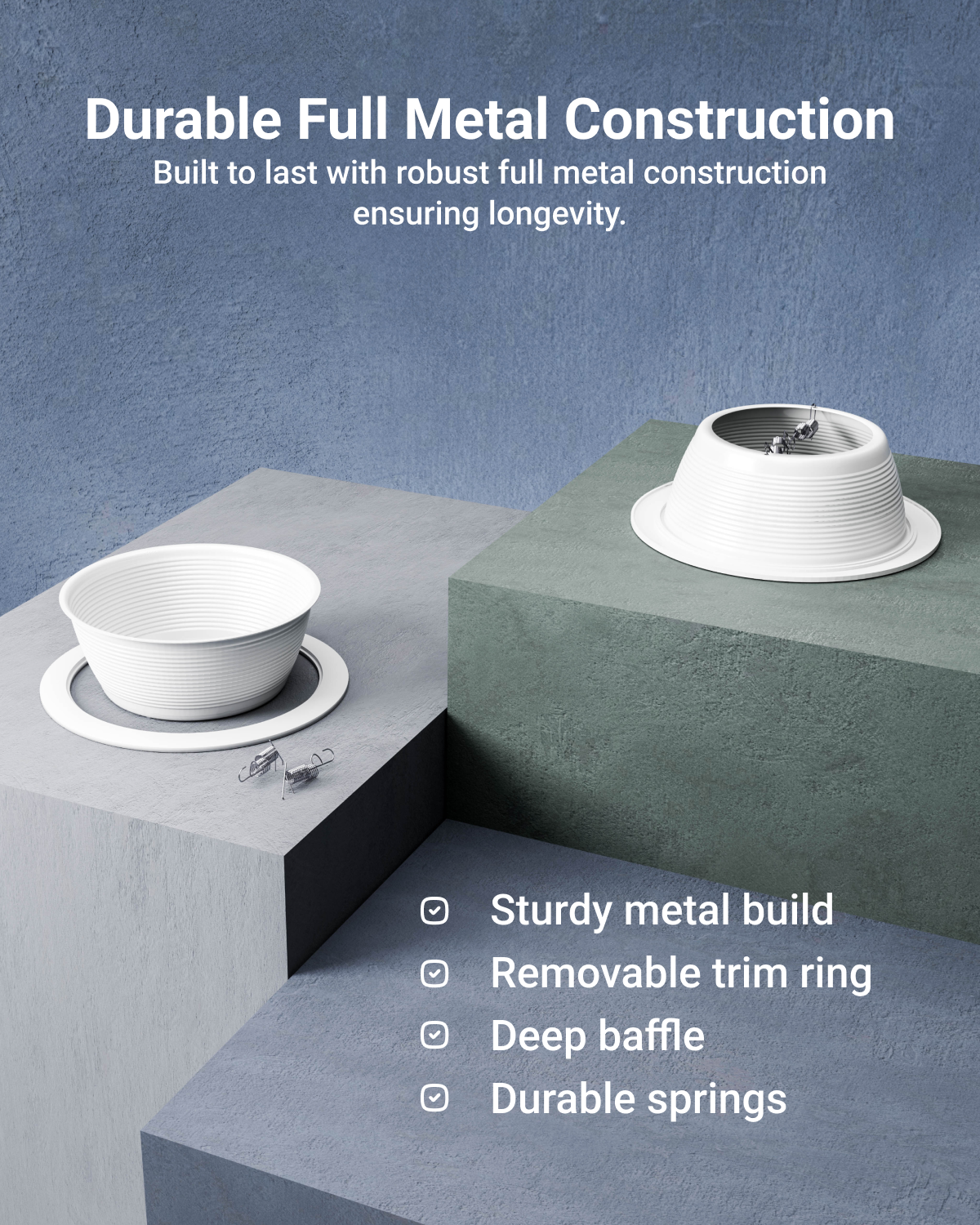 White baffle trim parts highlighting metal construction