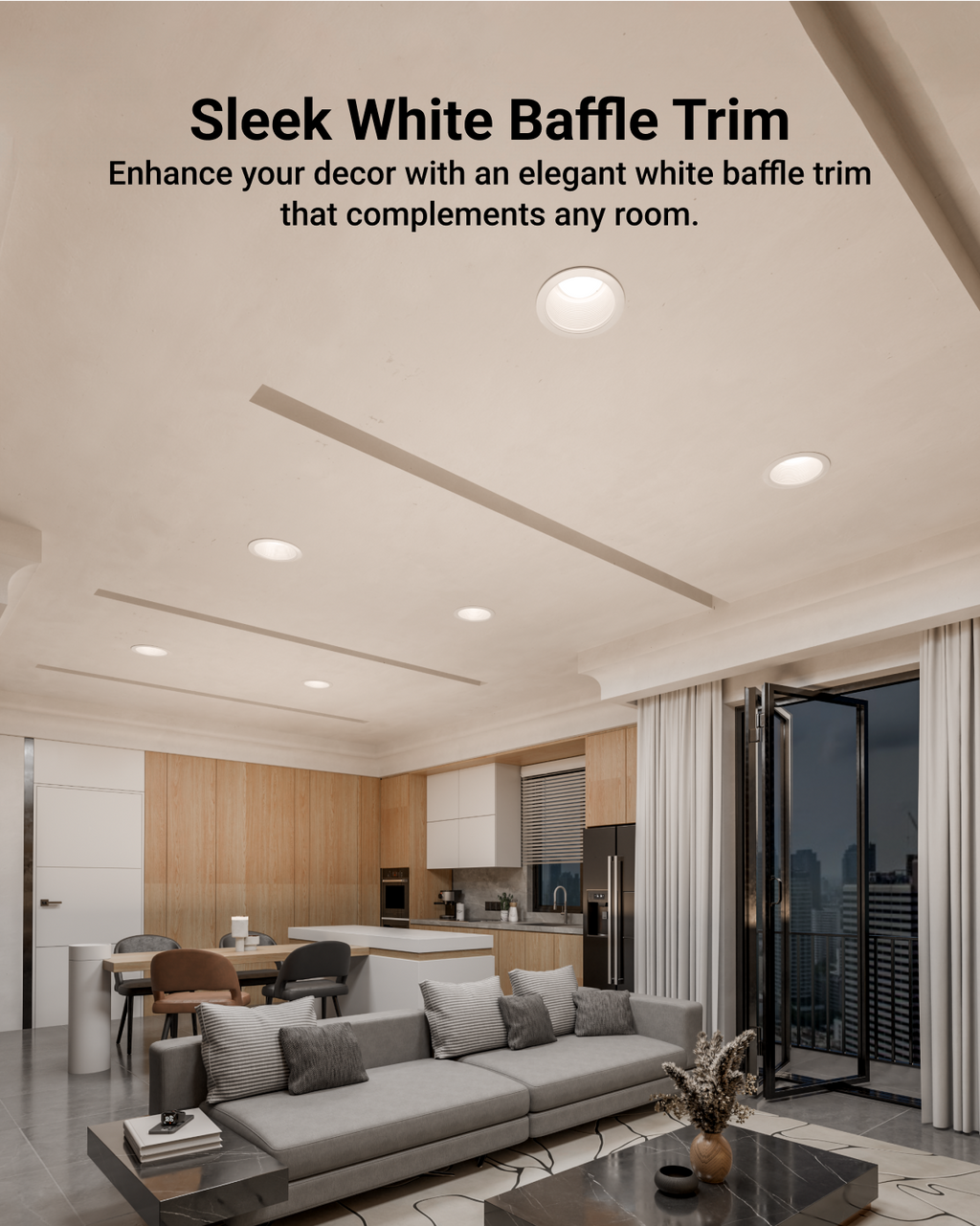 Modern living room with recessed lights, labeled “Sleek White Baffle Trim.”