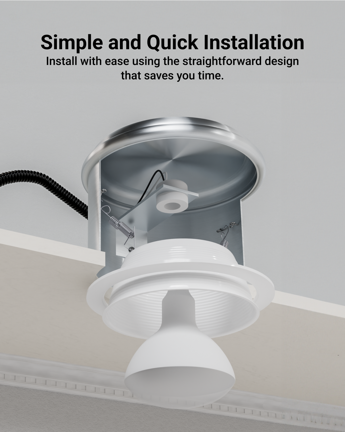 Trim being mounted inside a recessed can housing with “Simple and Quick Installation” text