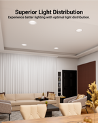  Living room ceiling with recessed lights, labeled “Superior Light Distribution.”