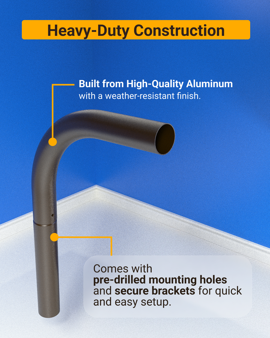 Built from high-quality aluminum, the arm mount has a weather-resistant finish and comes with pre-drilled mounting holes and secure brackets for easy setup.