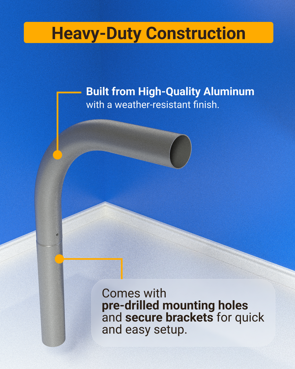 Built from high-quality aluminum, the arm mount has a weather-resistant finish and comes with pre-drilled mounting holes and secure brackets for easy setup.