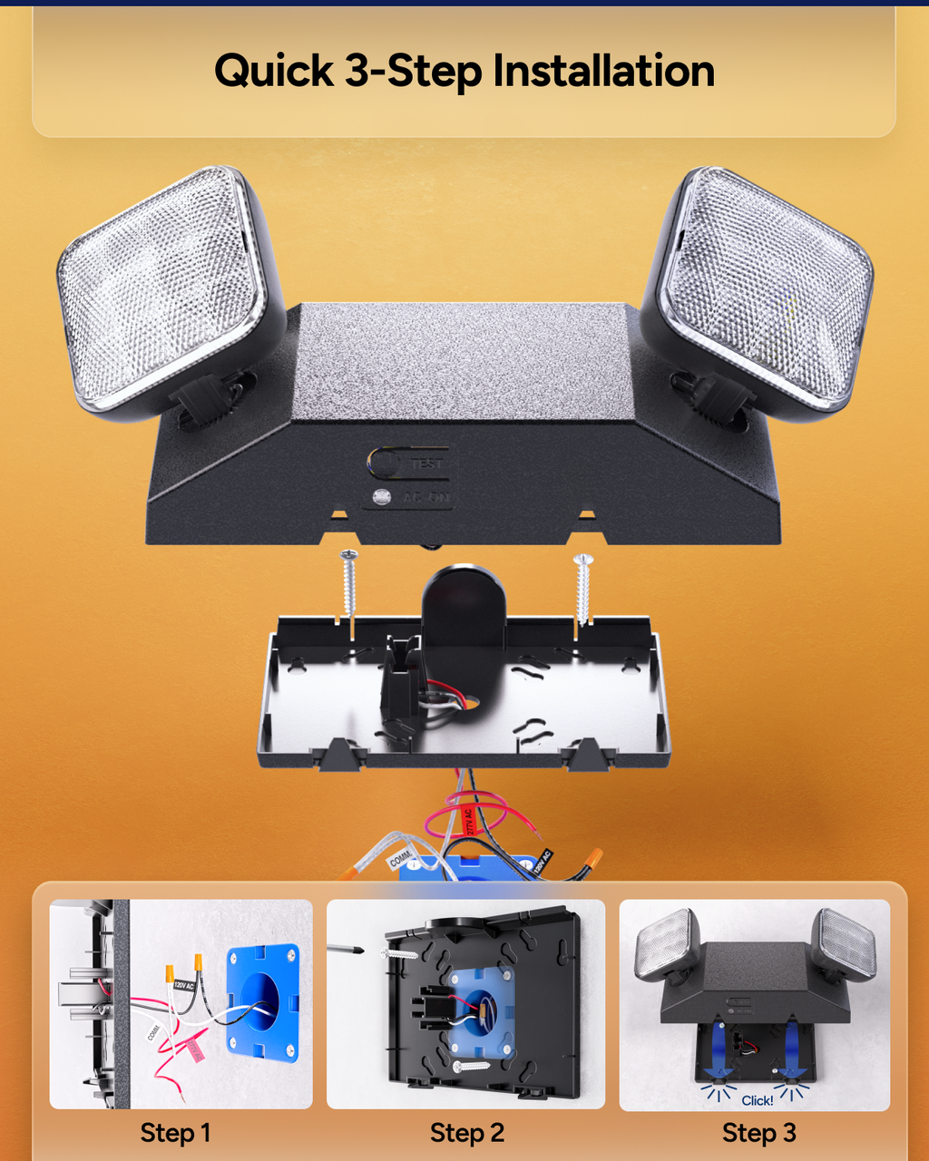 Easily secure this bright emergency light fixture with its slim profile to the wall or ceiling. Mounting equipment is included inside of the fixture.