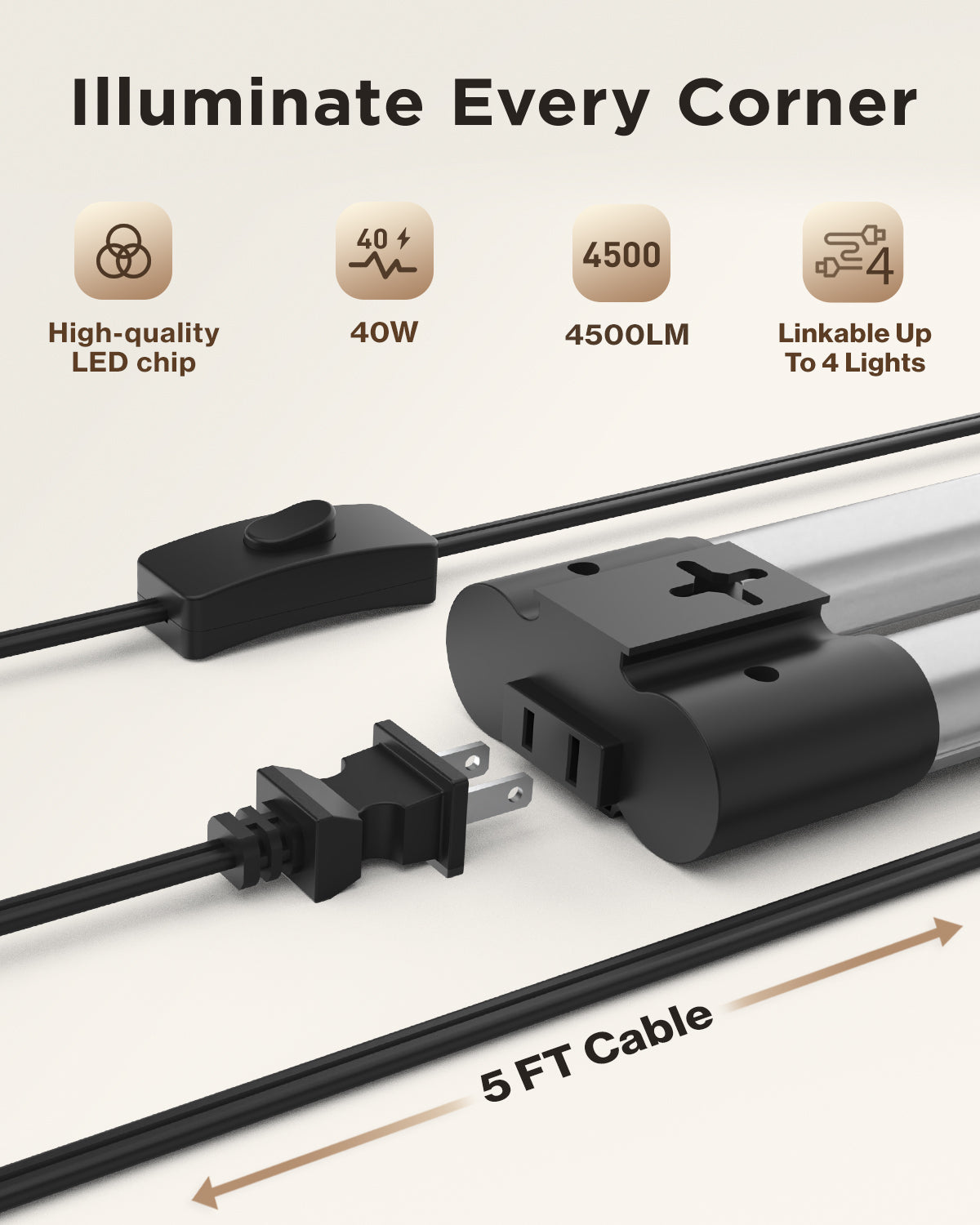 Black LED shop light with plug, switch, receptacle, and 5 ft cable; 40W, 4500LM, linkable up to 4 lights.