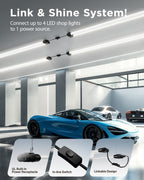 Bright linked LED shop lights over garage cars; callouts show built-in receptacle, in-line switch, and linkable design.