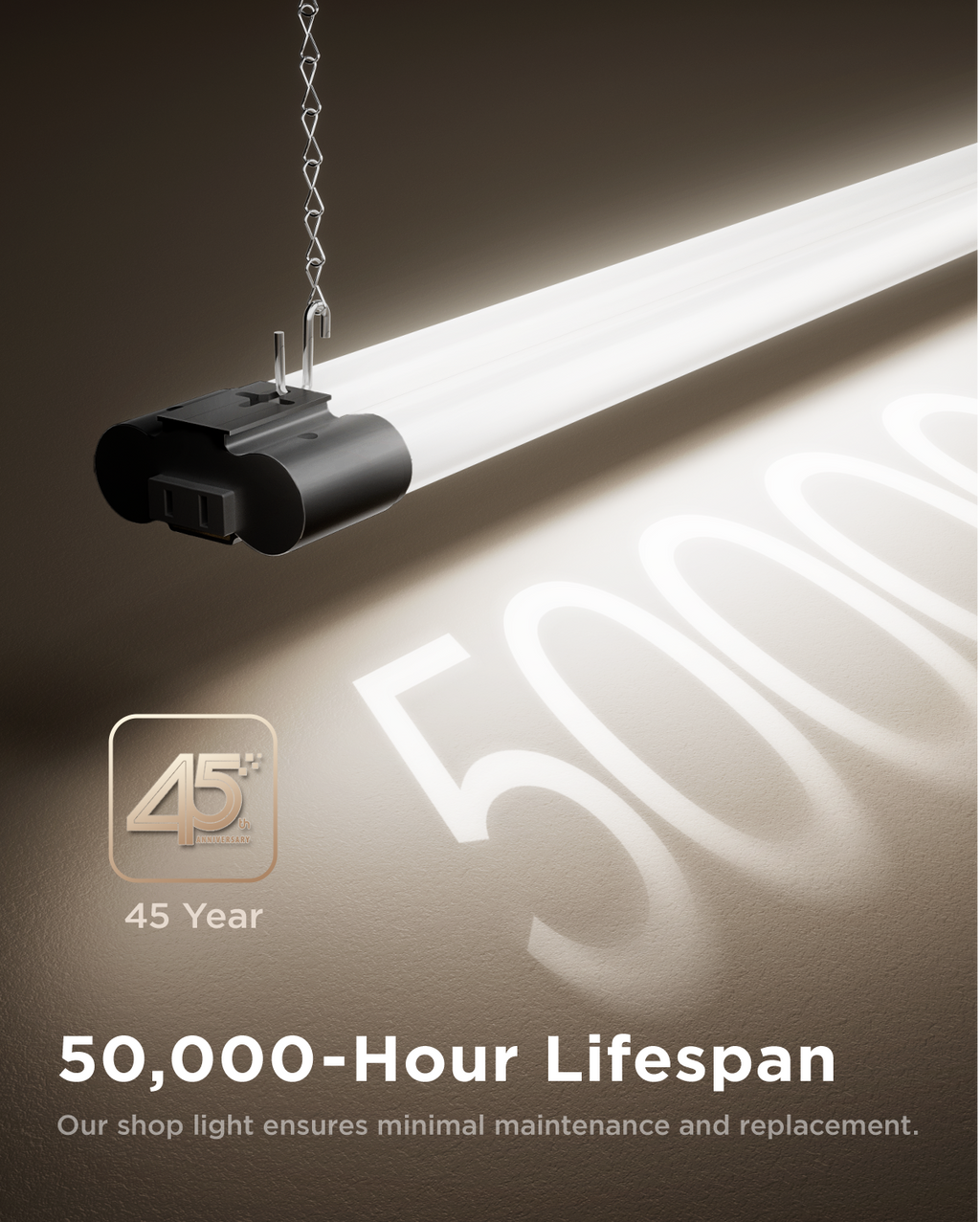 Suspended black LED shop light casting 50,000-hour glow; 45-year graphic highlights long-lasting performance.
